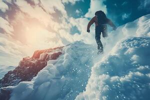 ai gegenereerd avonturier beklimming besneeuwd berg top Bij zonsopkomst foto