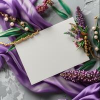 ai gegenereerd wit groet kaart mockup omringd door mardi gras decoraties foto