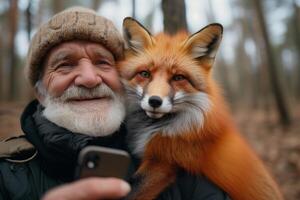 ai gegenereerd ouderen Mens met rood vos in zijn armen nemen een selfie met mobiel telefoon. foto