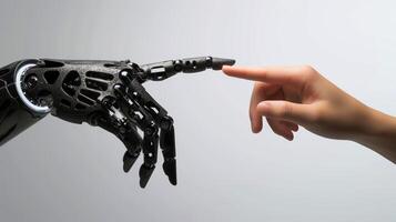 ai gegenereerd robot vinger maken contact met menselijk vinger, generatief ai foto