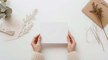 ai gegenereerd een ondersteboven perspectief van een school- werkruimte met handen inhouden een blanco wit papier, mentaal Gezondheid en welzijn, positiviteit in opleiding, werkruimte opstelling voor aan het leren, ai-gegenereerd foto