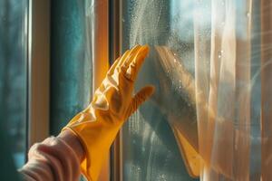 ai gegenereerd vrouw handen in rubber handschoenen het wassen venster. voorjaar schoonmaak concept. generatief ai foto