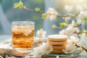 ai gegenereerd handgemaakt koekjes en een glas van ijs thee Aan voorjaar zonnig achtergrond. generatief ai foto