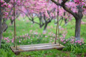 ai gegenereerd houten schommel hangende van een boom in een bloeiend tuin. generatief ai foto