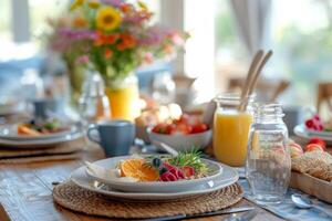 ai gegenereerd detailopname van een prachtig reeks brunch tafel met kleurrijk borden. generatief ai foto