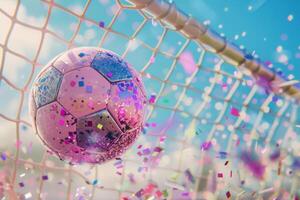 ai gegenereerd roze voetbal bal geschopt in de doel netto met sprankelend confetti en schitteren. generatief ai foto