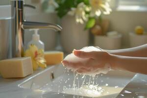 ai gegenereerd vrouw het wassen handen onder water kraan in keuken. generatief ai foto