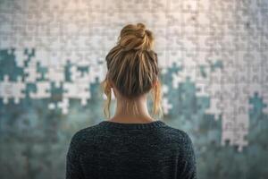 ai gegenereerd terug visie van vrouw aan het kijken Aan groot puzzel Aan muur. generatief ai foto