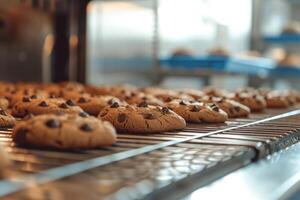 ai gegenereerd industrieel productie lijn van chocola koekjes komt eraan uit van de oven. generatief ai foto