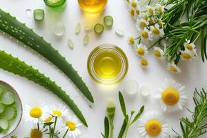 ai gegenereerd natuurlijk huidsverzorging ingrediënten. aloë vera en kamille Aan zomer achtergrond. generatief ai foto