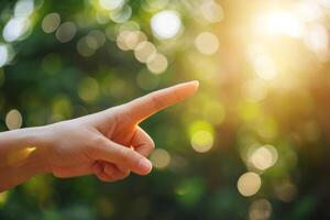 ai gegenereerd vrouw vinger punt naar leeg ruimte Aan wazig natuur achtergrond. generatief ai foto