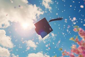 ai gegenereerd diploma uitreiking pet drijvend in de lucht met kleurrijk confetti. generatief ai foto
