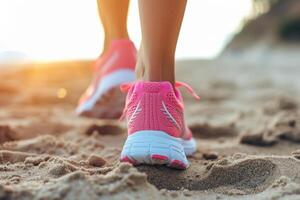 ai gegenereerd vrouw in rennen schoenen Aan de strand. training en opleiding naar begin een rennen. generatief ai foto