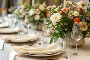 ai gegenereerd tafel instellingen met bloemen regeling. speciaal evenement tafel reeks omhoog. vers bloem decoratie. generatief ai foto