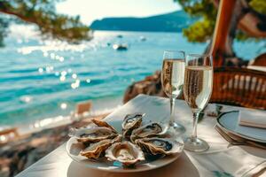 ai gegenereerd bril van Champagne en oesters Aan een tafel met een visie naar de kust. generatief ai foto