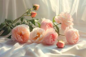 ai gegenereerd vers perzik pioen rozen in ochtend- zonneschijn. generatief ai foto