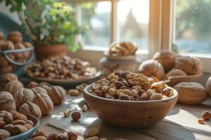 ai gegenereerd mengen van divers noten in schaal. pistachenoten, cashewnoten, walnoten, hazelnoten, pinda's en Brazilië noten. generatief ai foto