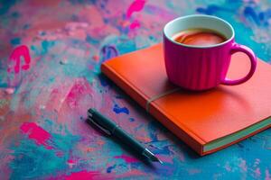 ai gegenereerd notitieboekje, koffie kop en pen in levendig kleuren. nog steeds leven of onderwijs concept. generatief ai foto