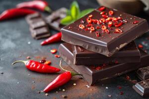 ai gegenereerd stukken van chocola met rood chili peper. brokken van gebroken donker chocola bar. generatief ai foto