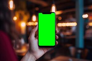 ai gegenereerd jong vrouw Holding smartphone met groen mock-up scherm. foto