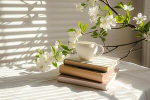 ai gegenereerd tafel met stack van boeken, bloemen en voorjaar decor. generatief ai foto