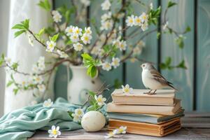 ai gegenereerd tafel met stack van boeken, bloemen en voorjaar decor. generatief ai foto