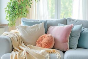 ai gegenereerd leven kamer met pastel gekleurde kussens en deken. generatief ai foto