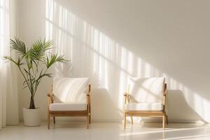 ai gegenereerd twee comfortabel stoelen in een leven kamer met een ingemaakt fabriek. minimalisme. generatief ai foto