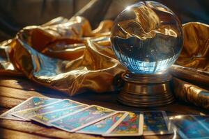 ai gegenereerd fortuin vertellen tafel met een magie kristal bal en tarot kaarten. generatief ai foto