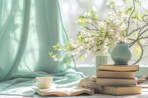 ai gegenereerd tafel met stack van boeken, bloemen en voorjaar decor. generatief ai foto