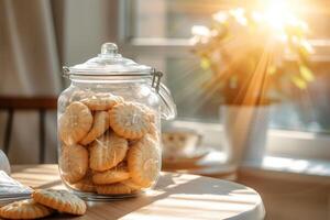 ai gegenereerd transparant glas pot met koekjes in de interieur van elegant keuken. generatief ai foto