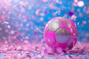 ai gegenereerd roze voetbal bal met sprankelend confetti en schitteren. generatief ai foto
