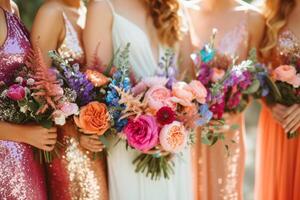 ai gegenereerd detailopname van bruidsmeisjes in helder pailletten jurken Bij bruiloft ceremonie. generatief ai foto
