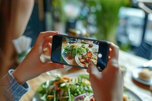 ai gegenereerd vrouw handen Holding smartphone en nemen foto van de voedsel in een restaurant. generatief ai