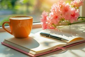 ai gegenereerd notitieboekje, koffie kop en pen in levendig kleuren. nog steeds leven of onderwijs concept. generatief ai foto