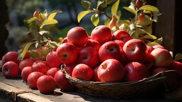 ai gegenereerd veel van vers appels in een houten busket in een houten tafel foto