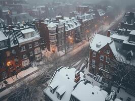 ai gegenereerd antenne visie van met sneeuw bedekt straat in klein stad- gedurende winter. foto