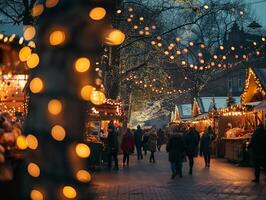 ai gegenereerd Kerstmis markt in sneeuw. mensen wandelen en boodschappen doen foto