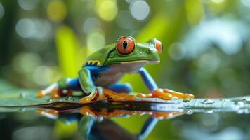 ai gegenereerd een helder groen boom kikker zittend Aan een blad bovenstaand de water foto