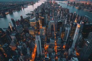 ai gegenereerd nieuw york stad Manhattan downtown wolkenkrabbers Bij zonsondergang. foto