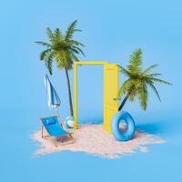 tropisch strand concept met deur, palm bomen, en zwembad accessoires foto