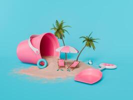 surrealistische strand speeltoestel met roze emmer en accessoires Aan blauw achtergrond foto