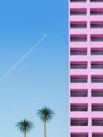vliegtuig vliegend over- tropisch palm bomen en roze appartementen gebouw foto