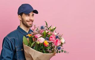 ai gegenereerd levering Mens Holding boeket van bloemen Aan roze achtergrond foto