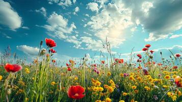 ai gegenereerd voorjaar landschap panorama met bloemen in een weide foto