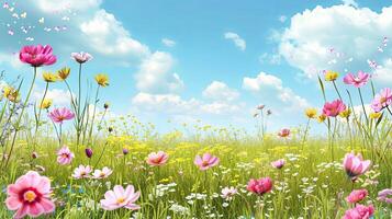 ai gegenereerd voorjaar landschap panorama met bloemen in een weide foto
