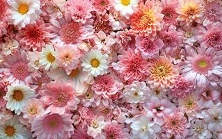 ai gegenereerd bloemen achtergrond Aan de muur met chrysant bloemen, bruiloft decoratie, mooi bloemen achtergrond foto