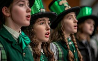 ai gegenereerd verschillend groep van vrienden vieren st Patrick dag omarmen en lachend Bij een bar foto