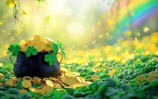 ai gegenereerd banier met pot van goud munten, Klaver bladeren, en regenboog st. Patrick dag concept foto