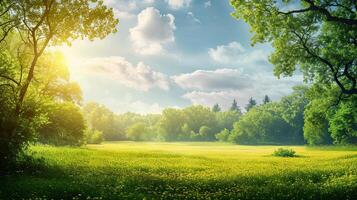 ai gegenereerd landschap in zomer met bomen en weiden in helder zonneschijn foto